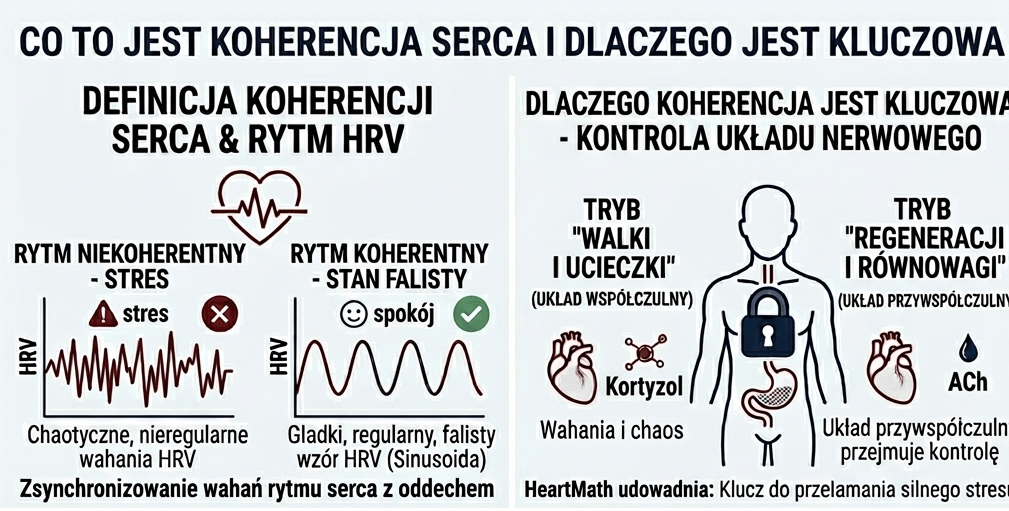 Infografika przedstawiająca stan koherencji serca i sinusoidalny wzór HRV
